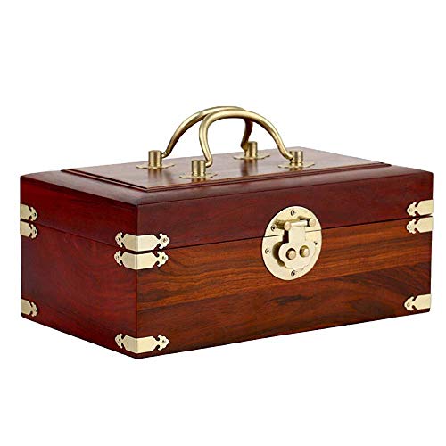 DXX-HR Antiguo de caoba caja de joyería de cobre de la hebilla de doble orificio de bloqueo de la caja cosmética de madera del estilo chino del cofre del tesoro (Color: Rojo, Tamaño: 25 x 15 x 10,5 cm