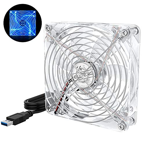 ELUTENG Ventilador de Escritorio con luz LED Azul Radiador de Refrigeración de 120 mm, Ventiladores USB, USB, Transparente, Rejilla de Metal, Compatible con PC/AV/PS4/XBox/Router