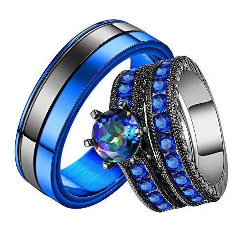 Epinki Anillos de Pareja Circonita Forma Redonda Azul Negro Anillo de Aniversario Talla Mujer 12 & Hombre 17