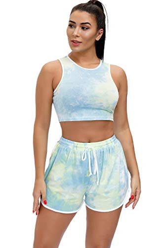 EVELIFE Tie Dye Mujer 2 Piezas Ropa Deportiva Mujer Gym Conjuntos Tops y Pantalones Cortos Elásticos Cintura Gimnasio Yoga Fitness Entrenamiento Chándal(Verde_Small)