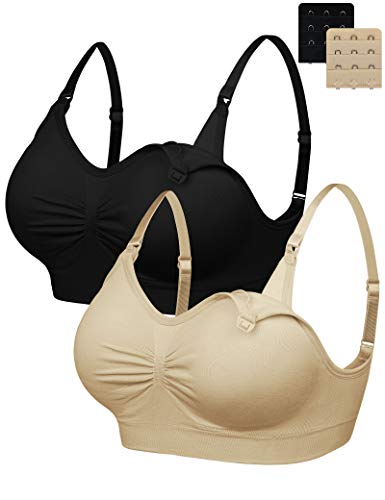 FeelinGirl Sujetador de Maternidad para Mujer sin Hilo ni Costura para Lactancia Conjuntos de Lencería XL Negro+Beige/2 Piezas 90A-95E