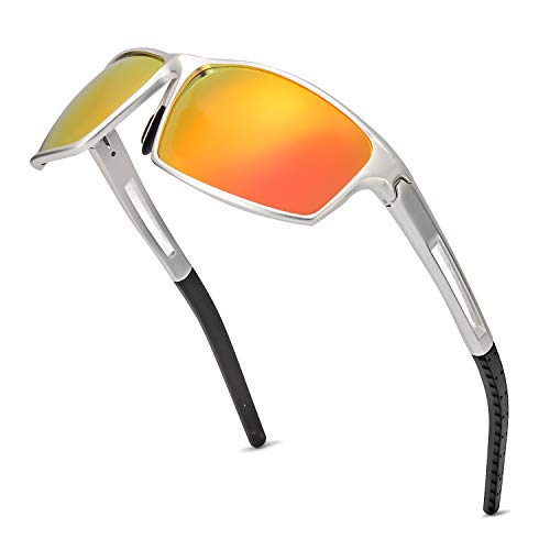 Gafas De Sol Hombre Deportivas Espejo Polarizadas Anti Reflectante Ultraligero Metal Protección 100% UVA UVB (Plata/Naranja(Espejo))