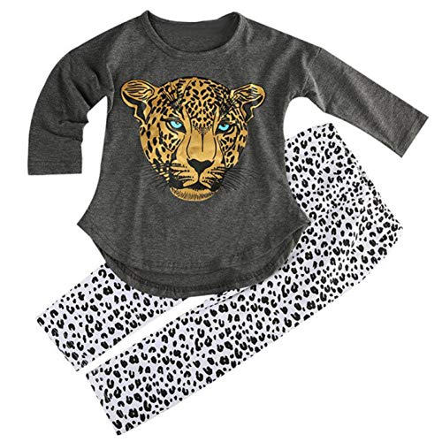 ggudd Niña Leopardo Impreso Manga Larga Tops y Polainas Pantalones Conjuntos de Trajes(Gris,4-5 años)