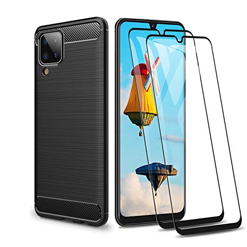 GOGME para Samsung Galaxy A12 | M12 Funda y 2 Piezas Cristal Templado, Cubierta Delgado de Silicona Funda Protective Case Cover, Carcasa Fibra TPU Protección Golpes Durable - Negro