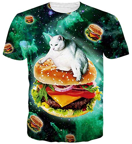 Goodstoworld Divertido Galaxy Hamburguesa Gato Camiseta Impresa Camisas de Verano Funky Cuello Redondo Camiseta tee Tops para Mujer para Hombre XL