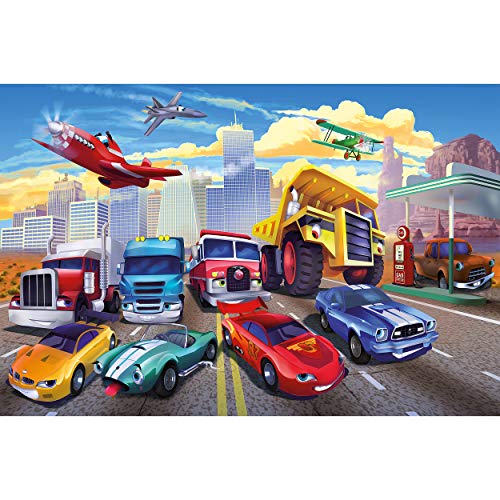 GREAT ART Mural De Pared Cuarto De Los Niños – Carrera De Coches – Mural Avión Cars Aventura Bomberos Deportivo Convertible Estilo Cómico Cartel De La Pared Y Decoración  (140 X 100 Cm)