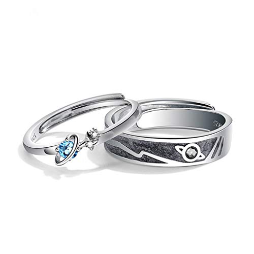 GROOMY Ring, 2Pcs Saturn Planet and Stars Universe 925 Sterling Silver Lover Rings Band Set
