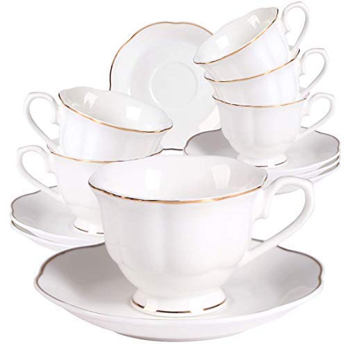 GuangYang Juegos de Tazas Café Espresso Porcelana - 2,8OZ Set de 6 Pequeñas Blanco Tazas de Té Diseño Vintage Clásico con Borde Dorado Tazas y Platoes