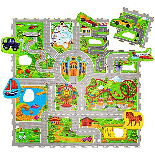 Hakuna Matte Alfombra Infantil Puzzle Diseño Coches 1,2 x 1,2m- 16 Piezas Interconectadas para el Piso - Alfombra Puzzle 20% + Gruesa – Certificado EN-71 Sin Olor – Empaque Caja de Cartón Reciclable