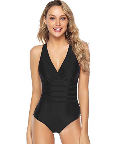 Hawiton Traje de Baño Una Pieza para Mujer Cuello en V Profundo Cruz de Vuelta Ropa de Baño Playa Monokini