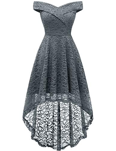 Homrain Vestido Cóctel Vintage A-línea Hi-Lo Elegante Encaje Fiesta Noche Vestido para Mujer Grey S