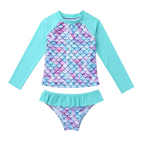 iiniim Traje de Baño de Protección Solar UPF 50+ UV Niña Bañador Sirena Escamas Camiseta Manga Larga Ropa de Baño Dos Piezas Bragas de Natacion 3-8 Años Cian 3 Años