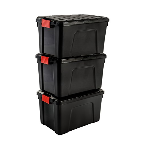 Iris Ohyama SIA-60 Store It All - Caja de Almacenamiento de Bricolaje Apilable, Plastico, 60L, Negro/Rojo, 59 x 39,5 x 35,5 cm, Lote de 3