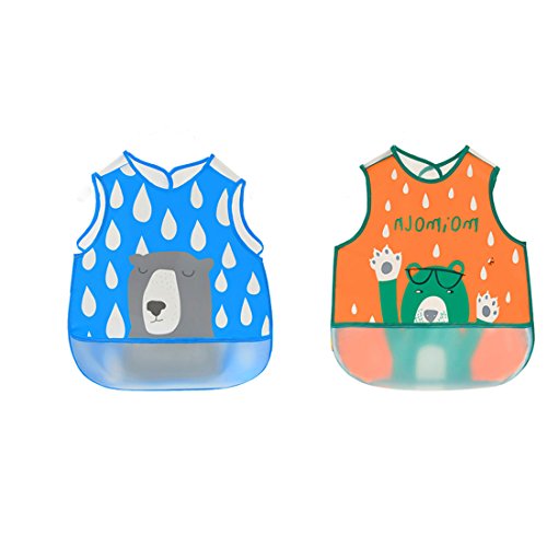 Irypulse Pack de 2 Baberos de Sin manga Alimentación Impermeable para Bebé 0-3 Años, EVA Material Con Bolsillo Para Pintura Comer Jugar Azul/Verde