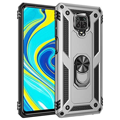 JMstore Funda Compatible con Xiaomi Redmi Note 9 Pro/Note 9S Anillo Soporte[Funciona con El Montaje Coche Magnético]+Protectores Pantalla(Plata)