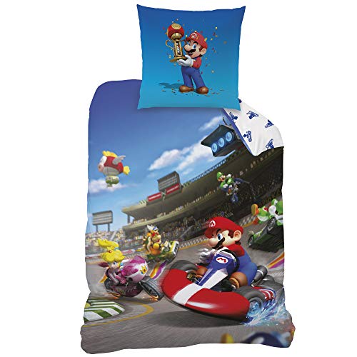 Juego de cama de Super Mario Kart 8, para cama infantil o juvenil, de Nintendo, reversible, funda de almohada de 80 x 80 cm y de edredón de 135 x 200 cm, 100% algodón