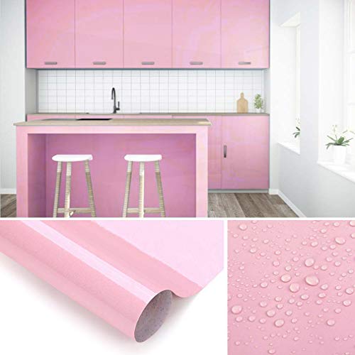 KINLO Papel de Cocina Rosado 60x500cm de PVC Adhesivo para Armario Cocina Papel Adhesivo para Muebles Papel Impermeable Autoadhesivo para Armario de Cocina Papel Decorativo con Brillo