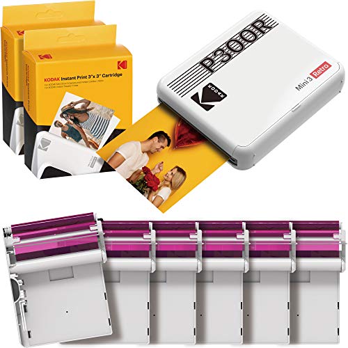 Kodak Mini 3 Retro Square Retro Impresora Fotográfica Portátil, Compatible con Dispositivos iOS, Android y Bluetooth, Foto Real 3”x3”, 4Pass y Proceso Laminación, 68 Fotos – Blanco