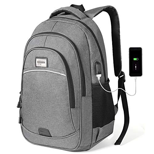 KUSOOFA Mochila Hombre Portátil, Mochila Ordenador Escolar con USB Puerto de Carga Mochila Portátil para Estudiante Hombre 35L (Gris)