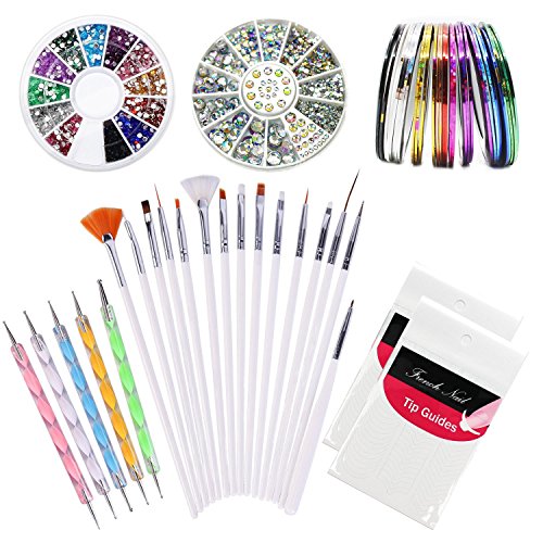 Kyerivs Kit de Accesorios de Decoración de Uñas 15pcs la pedicura Belleza Pintura, 5 Marbling Detalle de cepillo del polaco de la pluma que puntea el sistema,12 Colores de Diamantes de Uñas