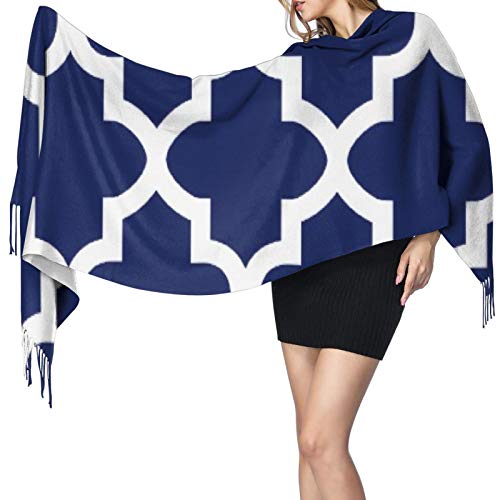 Las mujeres Bufandas Invierno Largo Suave Caliente Rico Azul Marino Y Blanco Quatrefoil Patrón Cashmere-like Pashmina Chales Envoltura Borla Chal Estola Bufanda