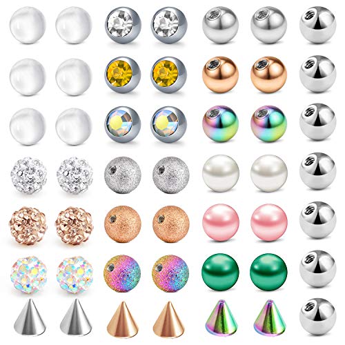 LAURITAMI 49PCS 14G Mix Color Replacement Piercing Balls Stainless Steel&Clear Acrylic Parts for Industrial Barbell Nipple Rings Tongue Bars Jewellery