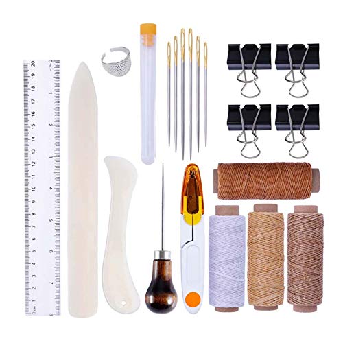 LeatherCraft Binding Kit, 25PCS Leather Craft Paper Binding Awl Needle Clip DIY Sewing Set Wax Thread Thimble Ruler Tools Curved Bone Folder Creaser Linen Wood Handle Needles Binder Handmade Supply