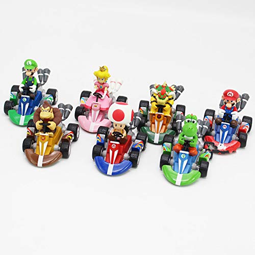 LINGJIA Super Mario Juguetes 7pcs/Lote Super Mario Bros Wii Mario Kart Figura Luiji Peach Bowser Toad Donkey Kong Yoshi Pull Back Racers Car Toys 7 Estilos 8cm