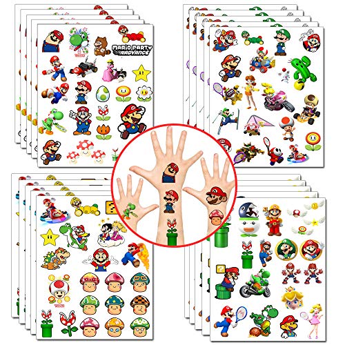 Mario pegatinas de tatuajes temporales Super Mario Party Favors Princess Peach Yoshi pegatinas de dibujos animados para niñas, videojuegos, suministros para fiestas (20 hojas, más de 400 estilos)