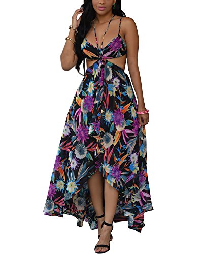 Minetom Mujer Boho Sexy Cuello en V Vestido de Verano Sin Mangas Estampado de Flores Vestido Playa Festivo Largo Gasa Vestir Cóctel Fiesta Maxi Dress Negro ES 34