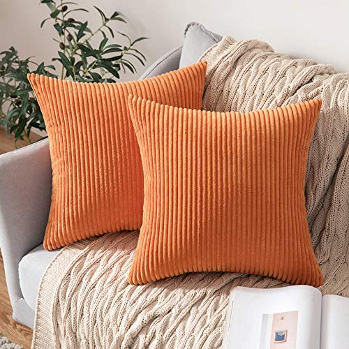 MIULEE Funda de Cojín Fundas de Almohada Decorativa Cuadrado Corduroy Pana a Rayas Moderna Suave para Sofá Silla Cama Sala de Estar DormitorioHogar 45x45cm 2 Piezas Naranja