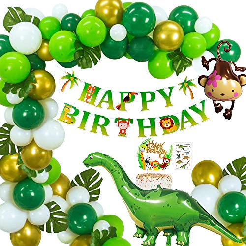 MMTX Selva Dinosaurio Globos Fiesta de cumpleaños decoracion Chico, Birthday Bandera con Hojas de palma Verde Oro Globos Mono Globo para Niños Cumpleaños Festival Party Shower Decoración