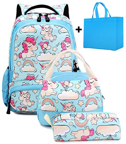 Mochila Escolar Chica Unicornio Linda Set de Mochilas con Bolsa del Almuerzo y Estuche de Lápices para Niñas Infantil Adolescentes Las Mujeres Viaje Bolso 3 en 1 Casual Backpack Azul