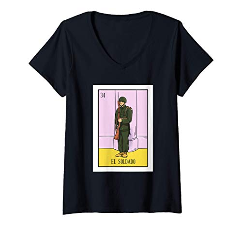 Mujer El Soldado Lotería Regalo Tarjeta Soldado Lotería Mexicana Camiseta Cuello V