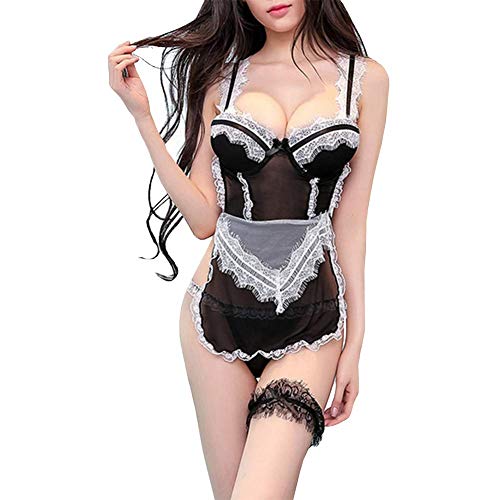 Mujeres Sexy Lencería Criada Delantal Uniforme Cosplay Disfraz Honda Cordón Tops Ajustable Abrir Nuevo con Nalgas Desnudas Correa (Dos Piezas),M