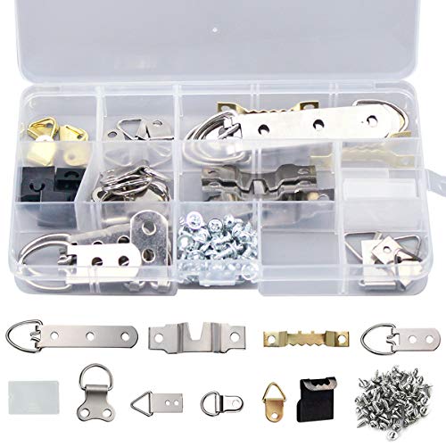 NATUCE 96 PCS Kit de Ganchos para Colgar Cuadros，9 Modelos Colgadores para Cuadros para Trabajo Pesado，Marco de Fotos Kit de Ganchos Colgantes-Oro y plata