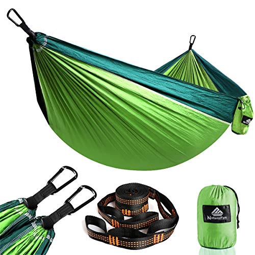 NatureFun Hamaca Ultra Ligera para Viaje y Camping | 300kg de Capacidad de Carga,Transpirable, Nylon de Paracaídas de Secado Rápido | 2 x Mosquetones Premium, 2 x Correas de Nylon Incluidas | Para Interiores y Exteriores