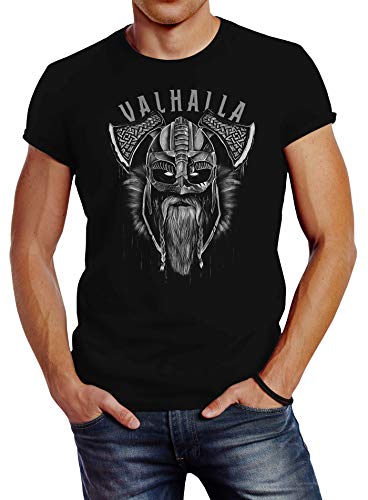 Neverless® - Camiseta con diseño de casco vikingo, estilo vikingo Valhalla Odin negro. L