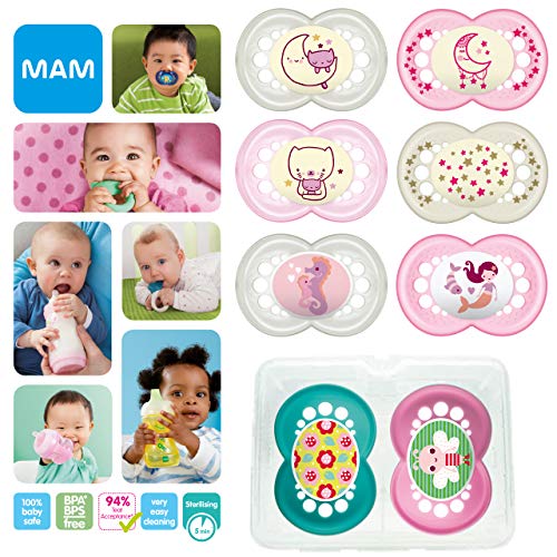 New: MAM Day & Night Soothing Set, juego de regalos para bebés de +6 meses, 4 chupetes de silicona Original +6 (2x día y 2x noche) y otros 4 para +16 (2x día y 2x noche), NIÑA (Girl)