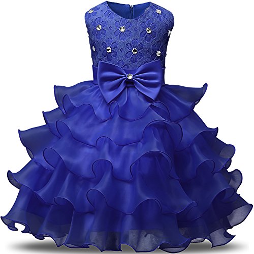 NNJXD Falda de Chicas con Volante de Encaje Vestidos de Boda y Fiesta Talla (140) 6-7 Años Azul