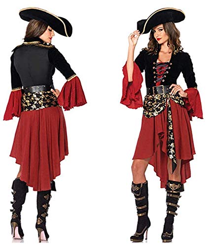 Ovender Disfraz de Carnaval Mono Mascarada Princesa Pirata Mujer con Sombrero y Cinturón Vestido Niña Cosplay Vestido Fiesta Adulta (Talla única, Negro Rojo)