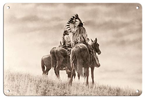 Pacifica Island Art - 22 x 30 cm Cartel de hojalata - Guerreros Cheyenne a Caballo - The North American Indian - Fotografía Sepia de Edward S. Curtis c.1905