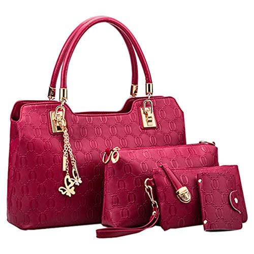 Pahajim Bolsos Mujer Verano Bolsa de Playa Grande con Cremallera de Viaje Señoras Personalidad Bolsa de Cosméticos 4 Unidades Set Bolso de Las Señoras de La Manera (rojo)