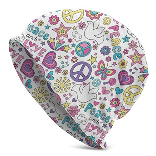 Peace Magic Mushroom Love Stars and Hearts Hippie Music Beanie Invierno Verano Cálido con puños Llanura Slouchy Skull Gorro de Punto Diario