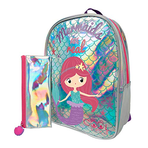 PERLETTI Set Escolar Sirena Niña Mochila + Bolsita - Bolso Infantil para Escuela Guardería y Viajes - Bolsa con Detalles Reflectantes y Cremallera de Concha - 31x23x8 cm (Sirenita con Bolsita)