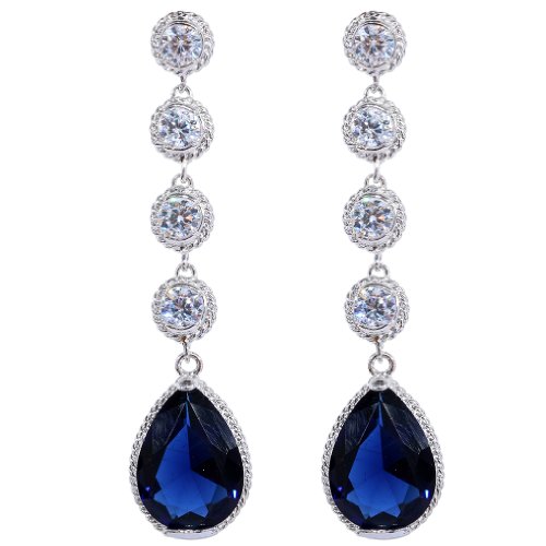 plata Yazilind elegante plateado alrojoedor Pear cortada azul zafiro cúbico Circonita perfecto cuelga los pendientes