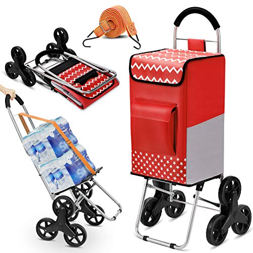 Popolic Carrito de Compra, Carro Plegable, Carro Compra con 6 Ruedas, Escalada Carro, Bolsa de Rxtraíble Impermeable, Altura 110 cm - Rojo