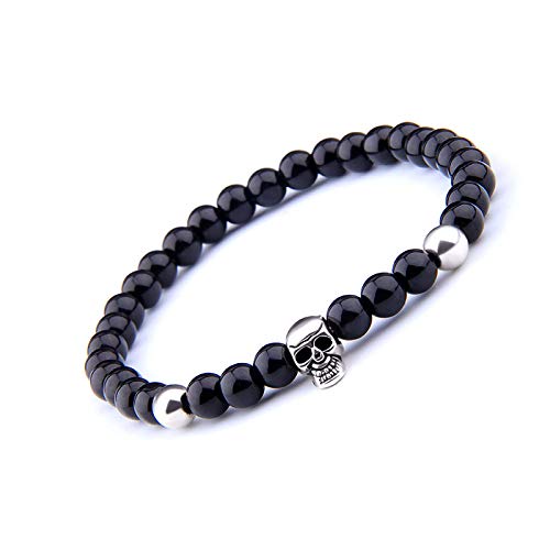 Pulsera De Piedra Natural Vintage Gótico 6 Mm Negro Ónix Elastic Pulsera Hombres Cráneo Encanto Perlas Naturales Pulseras Joyería para Las Mujeres,21Cm