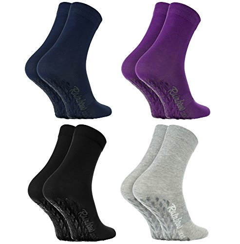 Rainbow Socks - Hombre Mujer Calcetines Antideslizantes ABS Colores de Algodón - 4 Pares - Negro Morado Gris Azul - Talla 39-41