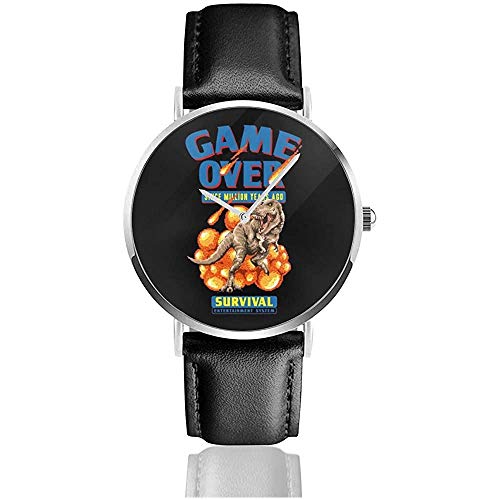 Retro Pixel Game Over Dinosaur Survival Watches Reloj de Cuero de Cuarzo con Correa de Cuero Negro para Regalo de colección
